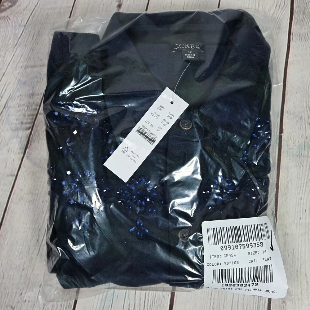 J Crew Womens Plaid Flannel Shirt Blue Green Beaded Embellished Button‎ Down 10